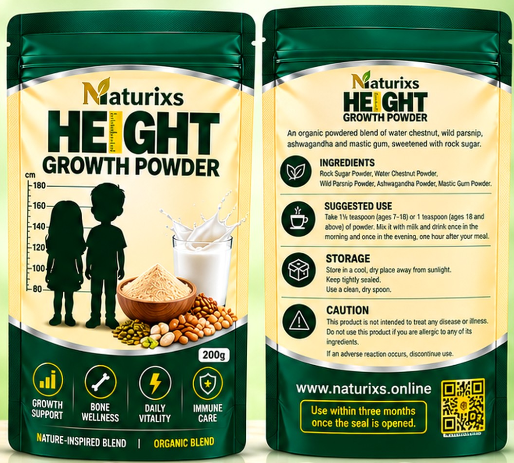 Naturix Height Growth Powder 200g front and back pack packaging